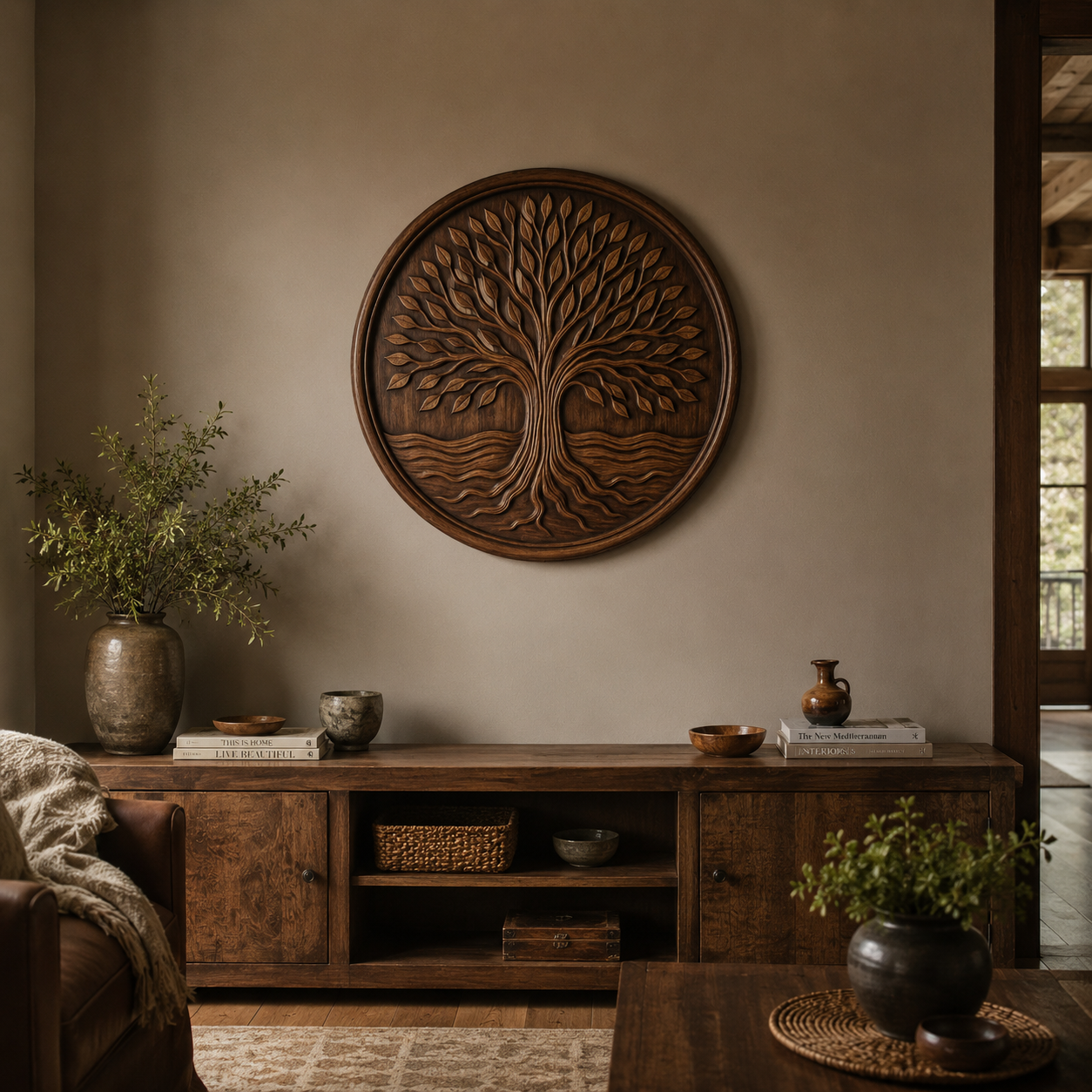 A cozy living room features the Form Arcade Tree of Life Medallion CNC Relief STL File wall art, a wooden sideboard, green plants, and a neutral rug—showcasing woodworking projects and adding a warm, earthy vibe.