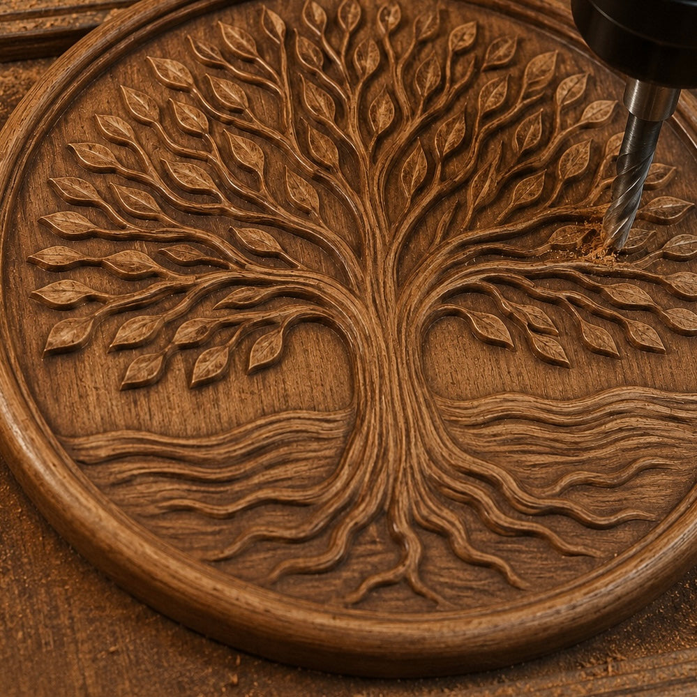 A close-up of Form Arcade’s Tree of Life Medallion CNC Relief STL File, shaped as a circular wooden plaque with intricate branches and roots, being engraved—ideal for woodworking or creating tree CNC wall art.