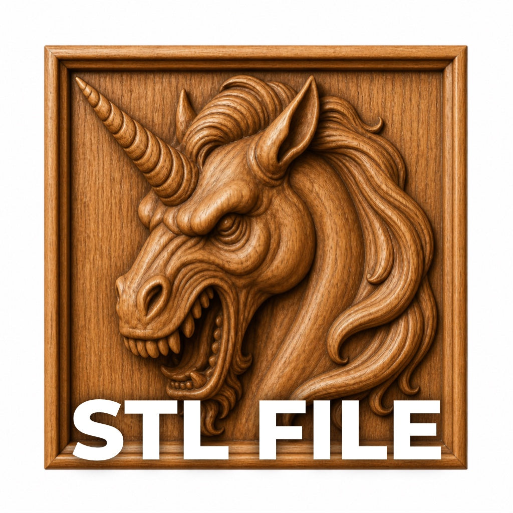 The Evil Unicorn Head Relief STL File by Form Arcade features a detailed unicorn head with sharp teeth, open mouth, and flowing mane in a square frame—perfect for CNC wall art or 3D printing. "STL FILE" appears in bold white text at the bottom.