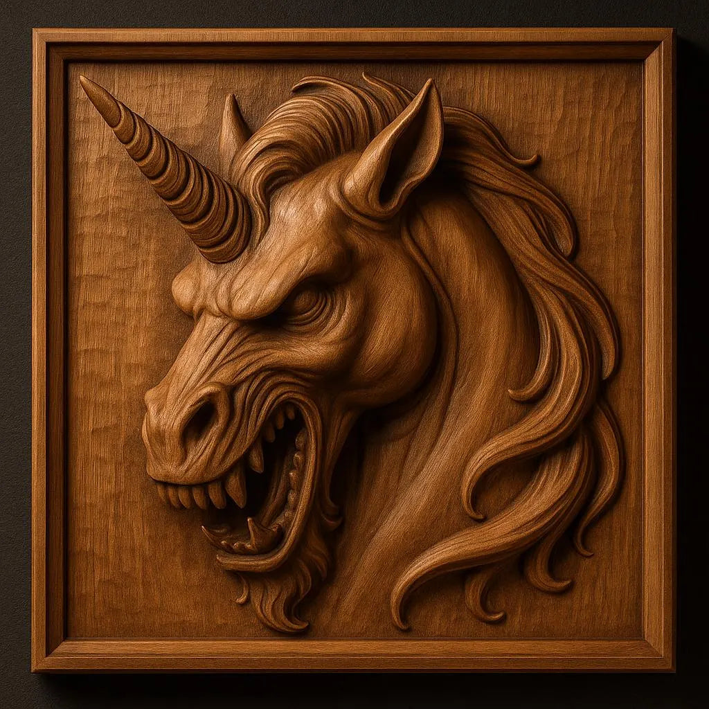 Form Arcade’s Evil Unicorn Head Relief STL File features a fierce unicorn with sharp teeth, flowing mane, and bold horn, framed in a square border—ideal for CNC wall art or 3D printing.