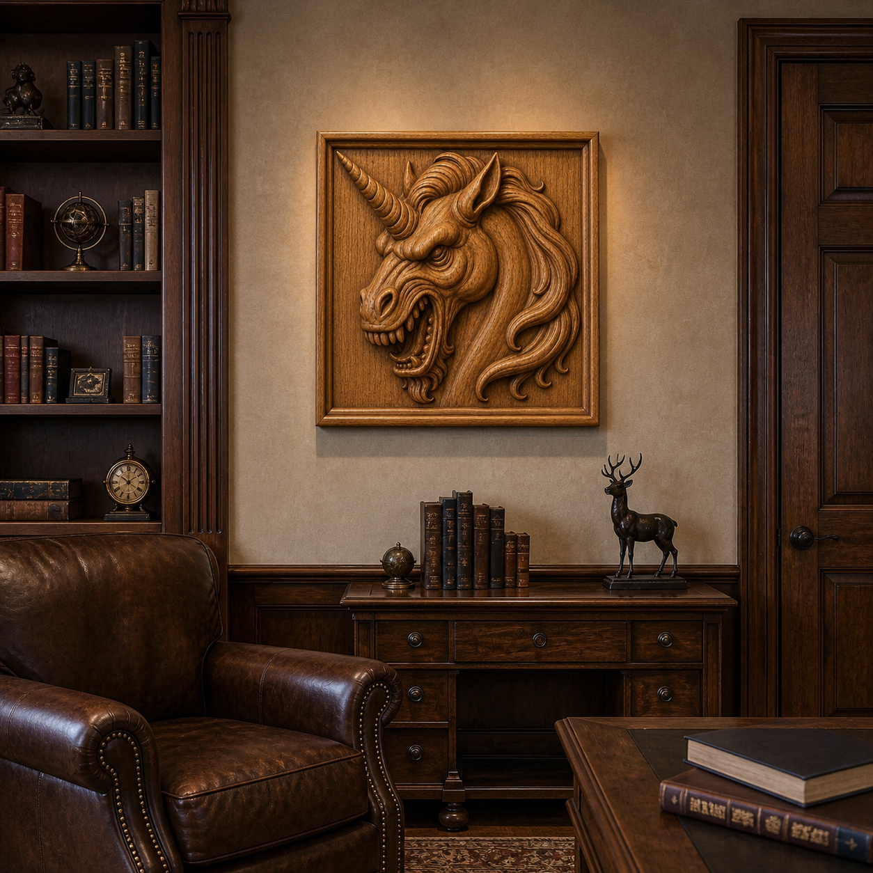 A sophisticated study with dark wood furniture, bookshelves, a leather armchair, and the Evil Unicorn Head Relief STL File by Form Arcade—unique CNC wall art—displayed above a side table adorned with decorative items.
