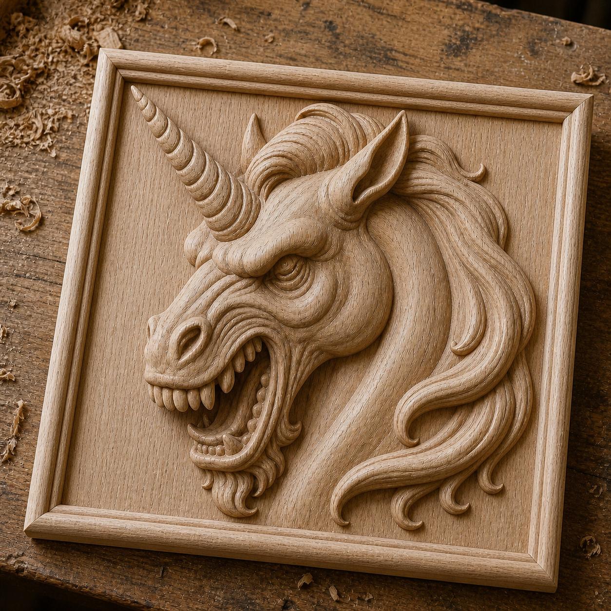 The Evil Unicorn Head Relief STL File by Form Arcade features a detailed, fierce unicorn with a flowing mane, perfect for CNC wall art or 3D printing—ideal for adding mythical flair to your decor.