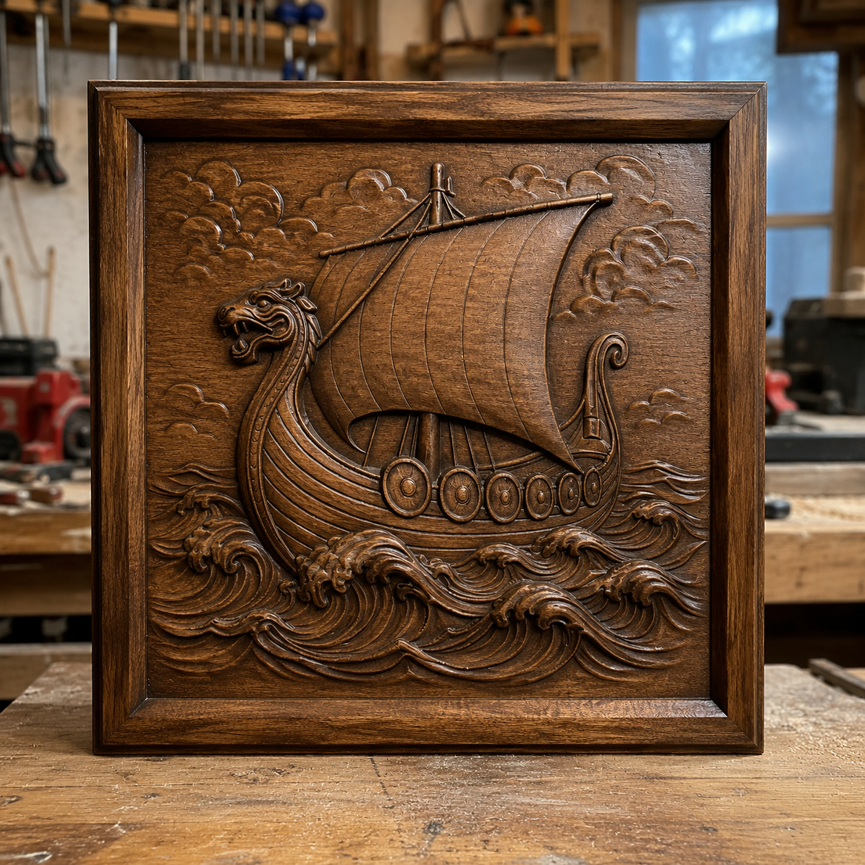 A wooden carving showcases the "Viking Longship CNC Relief STL File | Norse CNC Wall Art" by Form Arcade, featuring a Viking longship with a dragon-headed prow and billowing sail, sailing on stylized waves. Set in a workshop with tools and wood surfaces in the background, this detailed design makes an inspiring addition to woodworking or CNC relief carving projects.