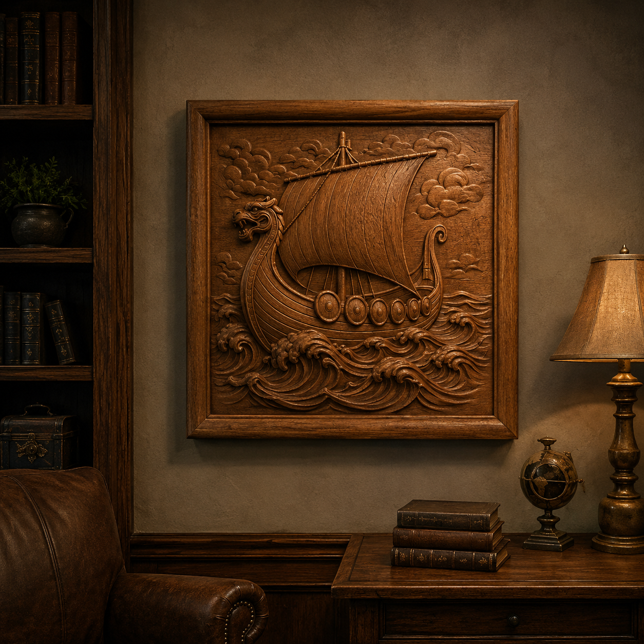 A framed Viking Longship CNC Relief wall art by Form Arcade, created from their "Viking Longship CNC Relief STL File | Norse CNC Wall Art," is displayed above a study desk adorned with books, a lamp, a globe, and a leather chair.