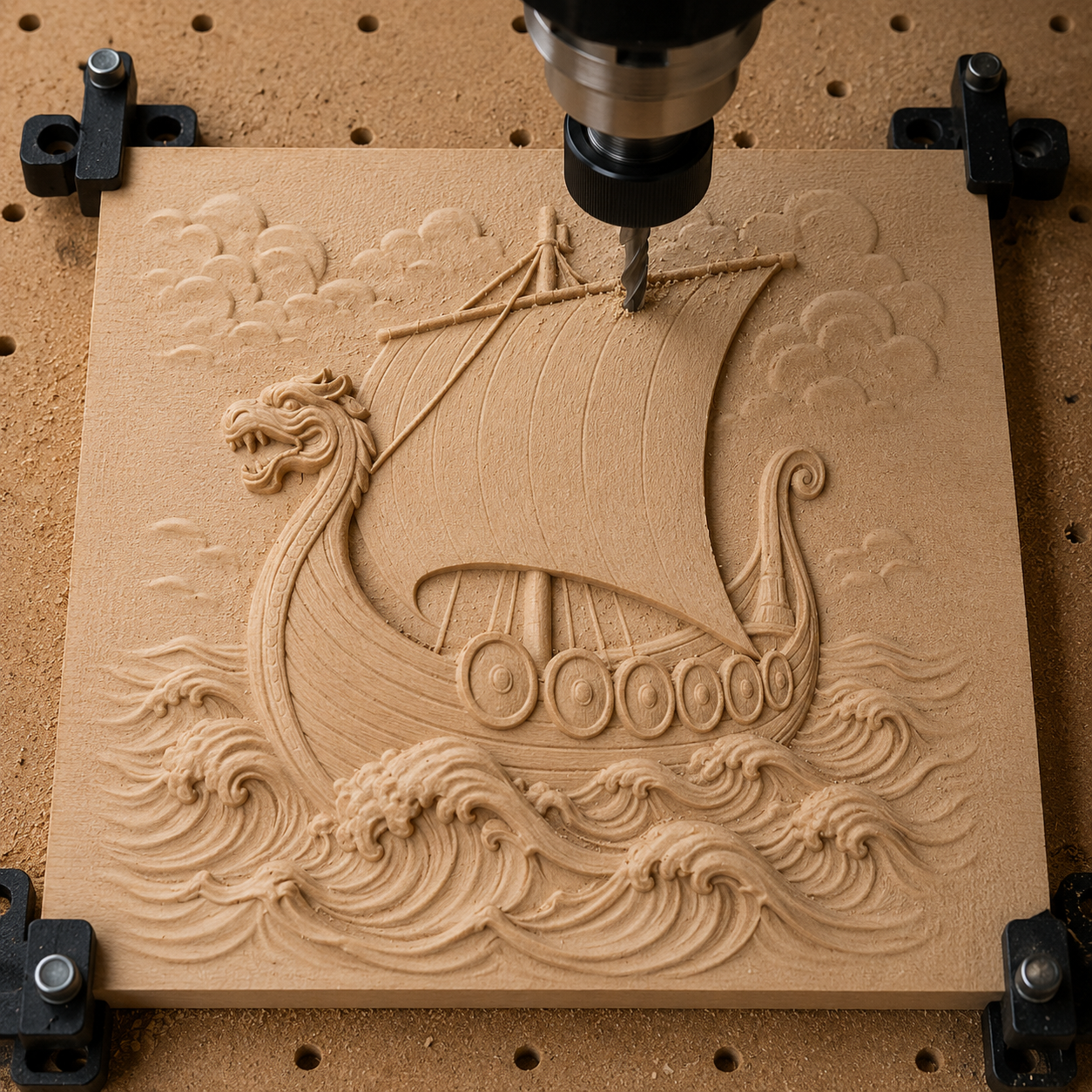 The Viking Longship CNC Relief STL File | Norse CNC Wall Art by Form Arcade lets your CNC machine carve an intricately detailed longship with a dragon head prow and sails, surrounded by swirling waves and clouds on a square wooden panel—perfect for woodworking projects and CNC relief carving.