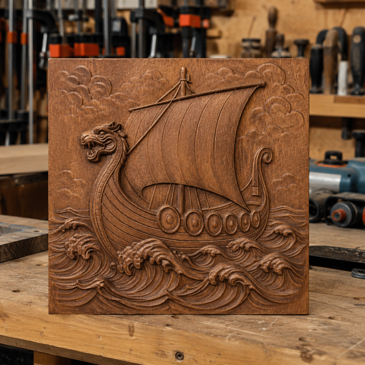 A wooden carving of a Viking ship with a dragon-shaped prow and billowing sail, set amid waves and clouds, is displayed on a workbench in a woodworking shop. This intricate piece was crafted using the Viking Longship CNC Relief STL File | Norse CNC Wall Art by Form Arcade as part of various woodworking projects.