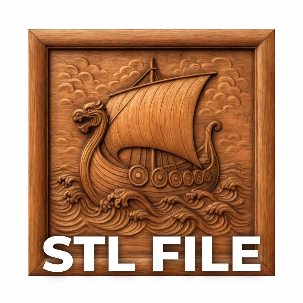 A carved wood panel of a Viking longship with dragon prow sails on waves, framed by wood. "Viking Longship CNC Relief STL File | Norse CNC Wall Art" by Form Arcade appears below—ideal for 3D printing or CNC wall art.