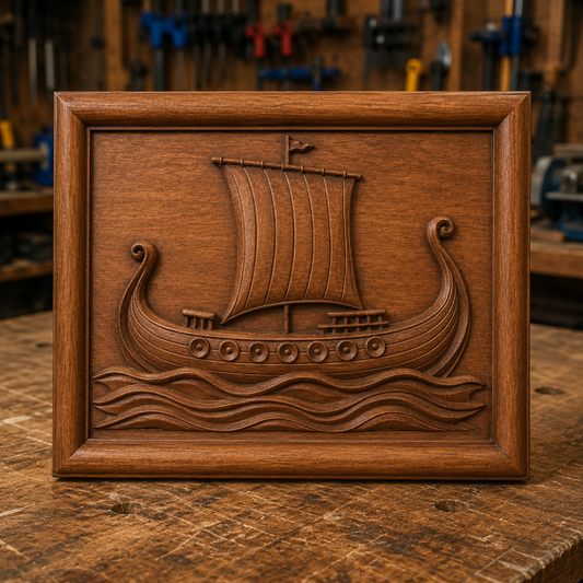 The Viking Ship Panel CNC Relief STL File by Form Arcade, a nautical CNC wall art design depicting a Viking ship with detailed sail and shields, is shown on a workbench with workshop tools in the blurred background.