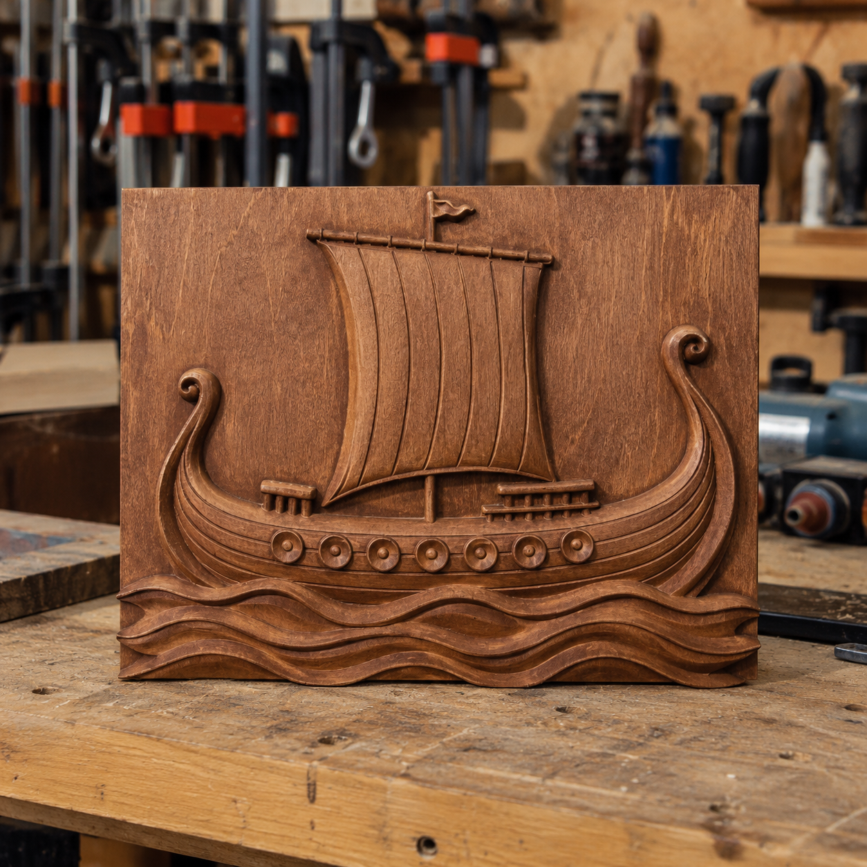 A detailed "Viking Ship Panel" by Form Arcade, featuring a wooden Viking ship with a sail, side shields, and stylized waves—ideal as nautical wall art for your woodworking projects. This CNC relief can be crafted using the included STL file in your woodshop.