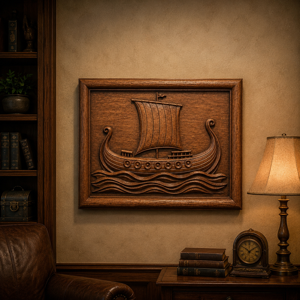A cozy study with a leather chair, bookshelves, a table lamp, an old clock, and the Viking Ship Panel CNC Relief by Form Arcade—a stunning STL file for nautical wall art—makes an inspiring addition for woodworking projects or CNC relief carving enthusiasts.