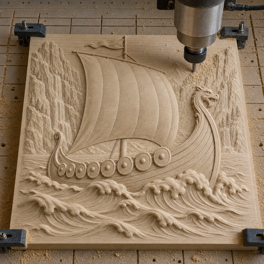 CNC cutting a Viking longship relief into a wood panel, with the sail, dragon prow, shields, waves, and fjord cliffs visible.