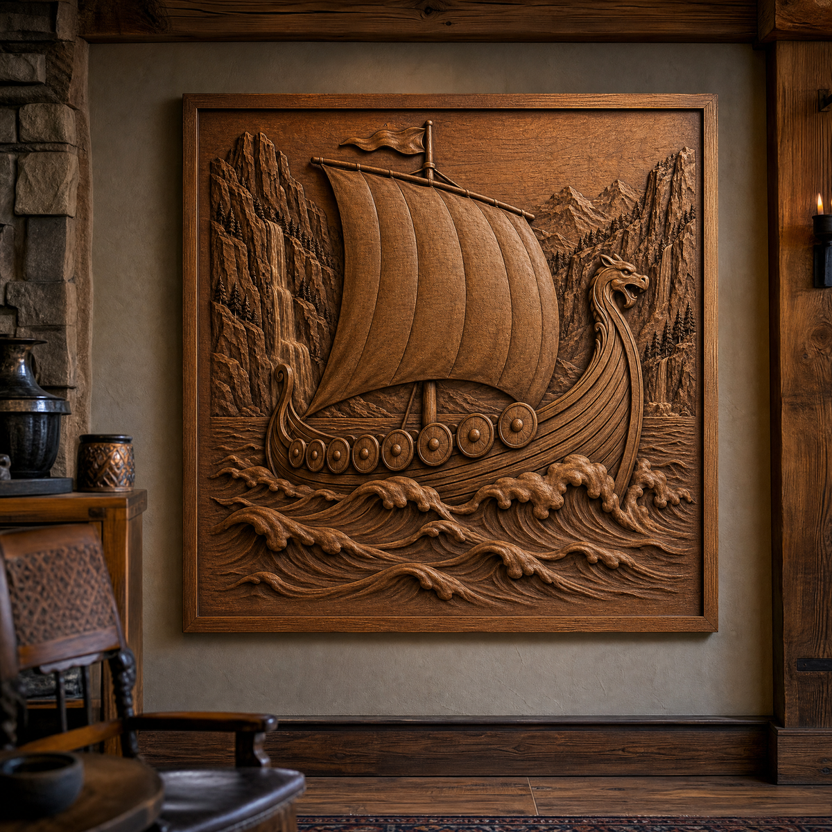 Framed wood CNC relief of a Viking longship sailing through waves, displayed on a wall with fjord cliffs and mountains.