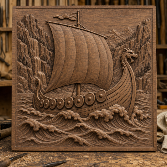 CNC wood relief of a Viking longship with sail, shields, and dragon prow sailing through waves between steep fjord cliffs.