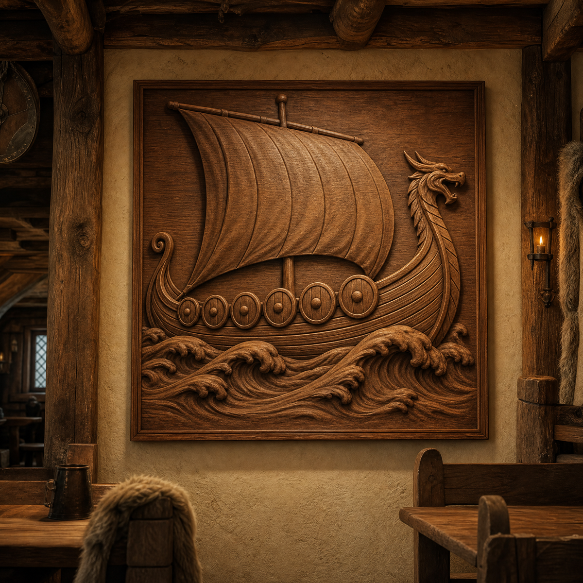 Viking ship CNC wood relief with dragon prow and curling waves displayed on a rustic tavern wall.