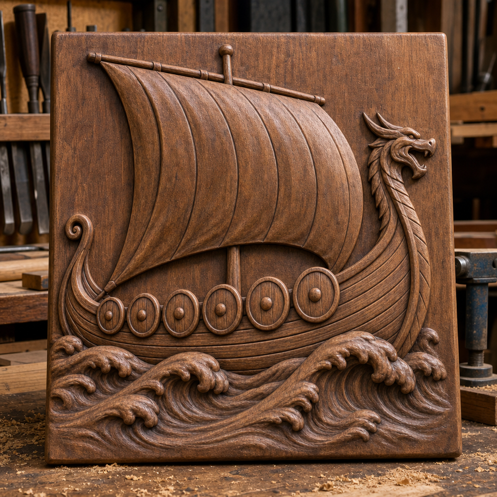 Finished CNC wood relief of a Viking ship with curved sail, shield row, dragon prow, and curling waves on a wooden panel.