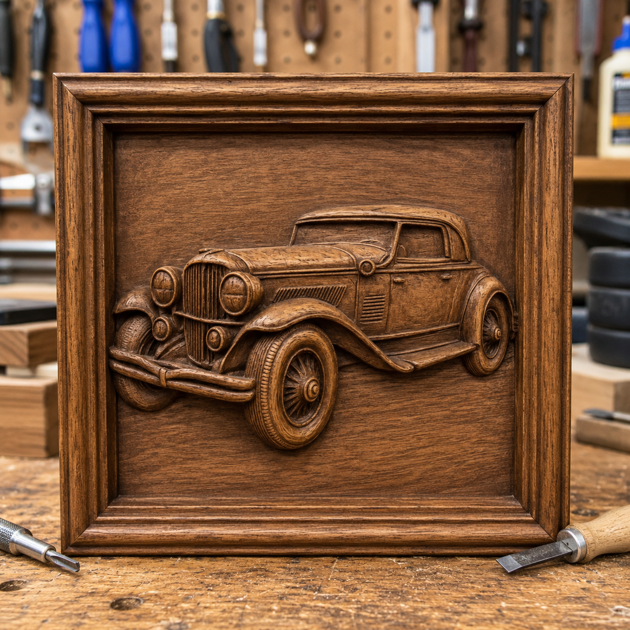 The Vintage Car Relief STL File | Classic Car CNC Wall Art by Form Arcade rests on a workbench in a workshop, surrounded by woodworking tools and materials.
