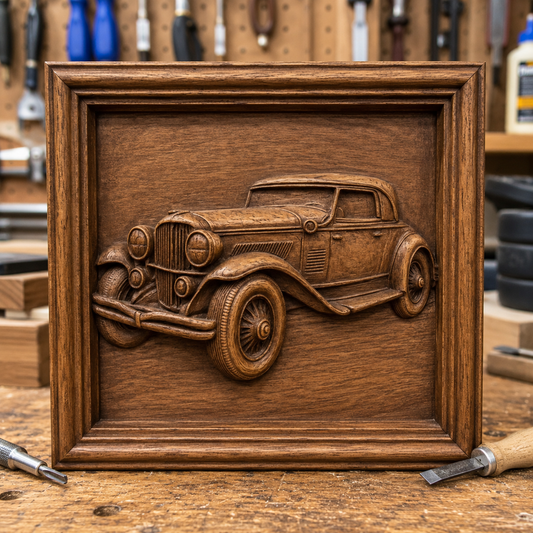 The Vintage Car Relief STL File | Classic Car CNC Wall Art by Form Arcade rests on a workbench in a workshop, surrounded by woodworking tools and materials.