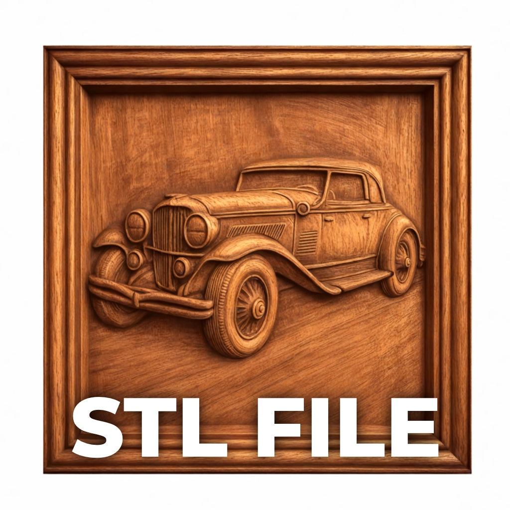 A Vintage Car Relief STL File by Form Arcade, featuring a classic car framed in a square—ideal for CNC carving or 3D printing. "STL FILE" appears boldly at the bottom, perfect for Classic Car CNC Wall Art projects.