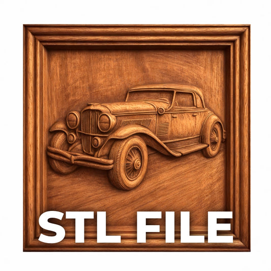 A Vintage Car Relief STL File by Form Arcade, featuring a classic car framed in a square—ideal for CNC carving or 3D printing. "STL FILE" appears boldly at the bottom, perfect for Classic Car CNC Wall Art projects.