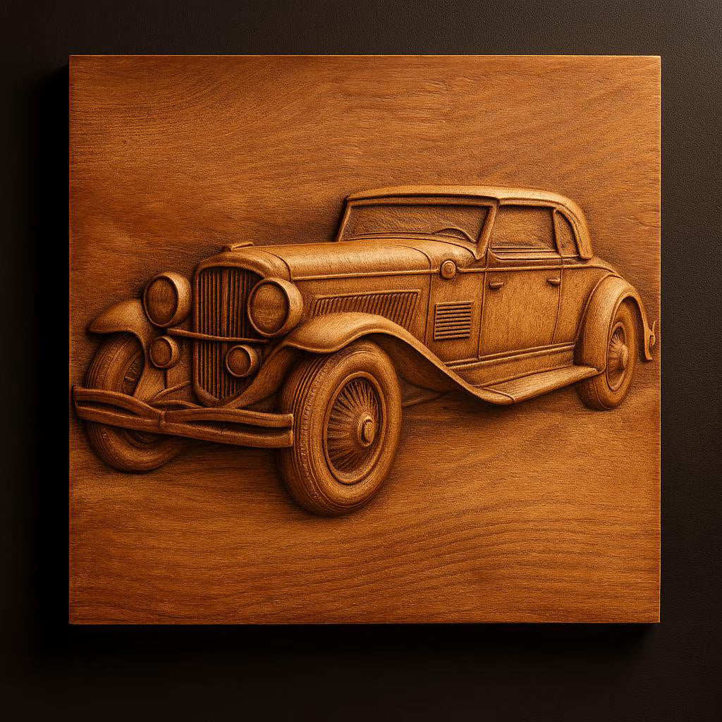 The Vintage Car Relief STL File by Form Arcade features a detailed classic car design on a square panel, perfect for CNC wall art or 3D printing enthusiasts seeking vintage style and expert craftsmanship.
