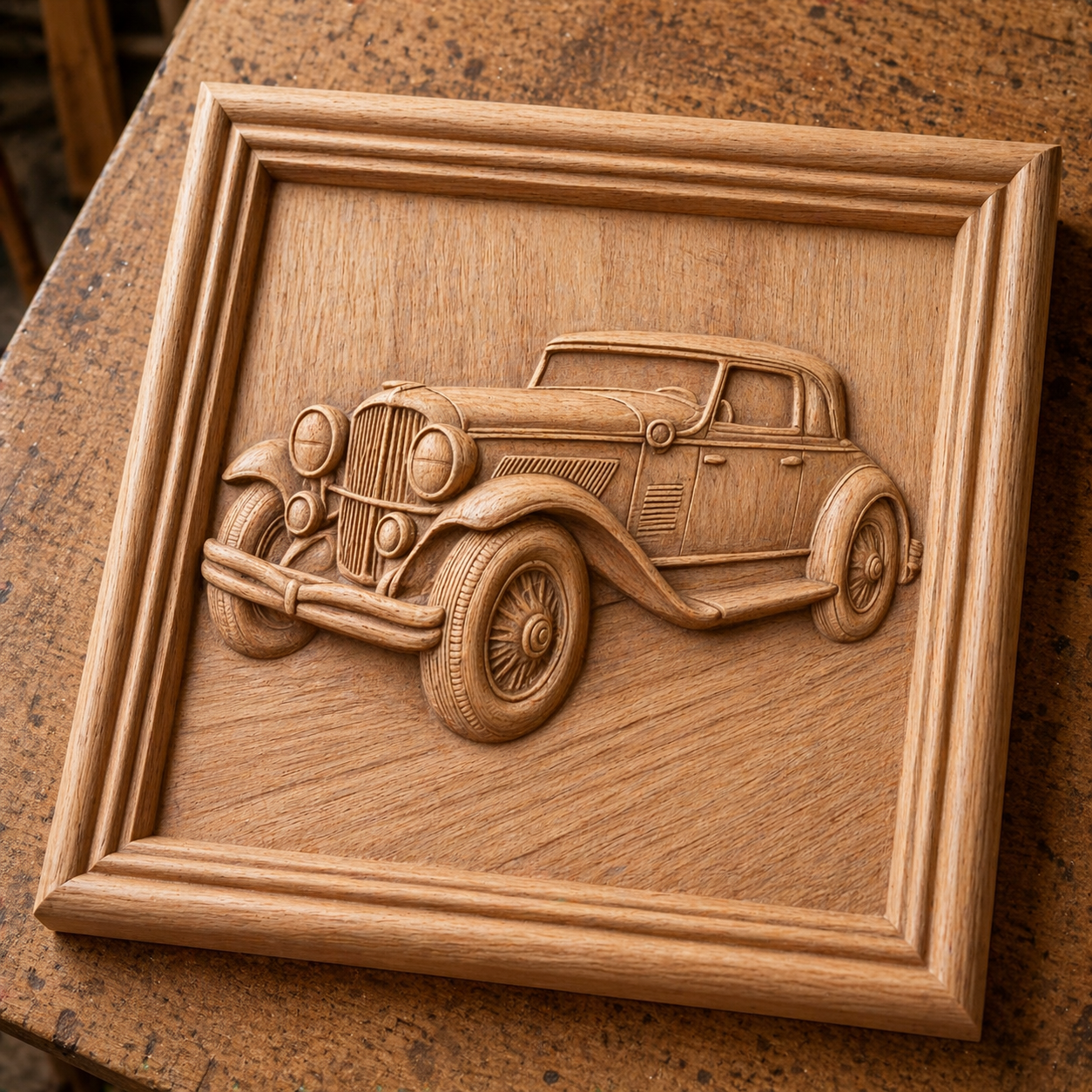 The "Vintage Car Relief STL File | Classic Car CNC Wall Art" by Form Arcade features a detailed classic car design for CNC carving, perfect for creating unique wooden decor with a vintage touch.