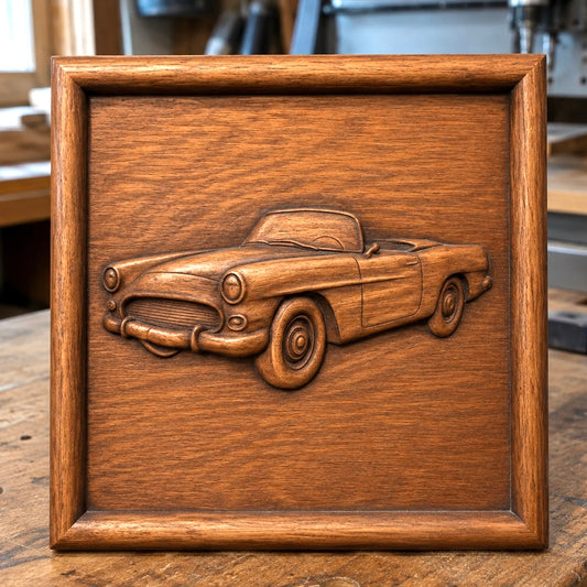A product from Form Arcade, the “Vintage Convertible Car Relief STL File | CNC Wall Art,” features a detailed CNC-carved relief of a classic convertible car, framed with a simple wooden border and displayed on a workshop table.
