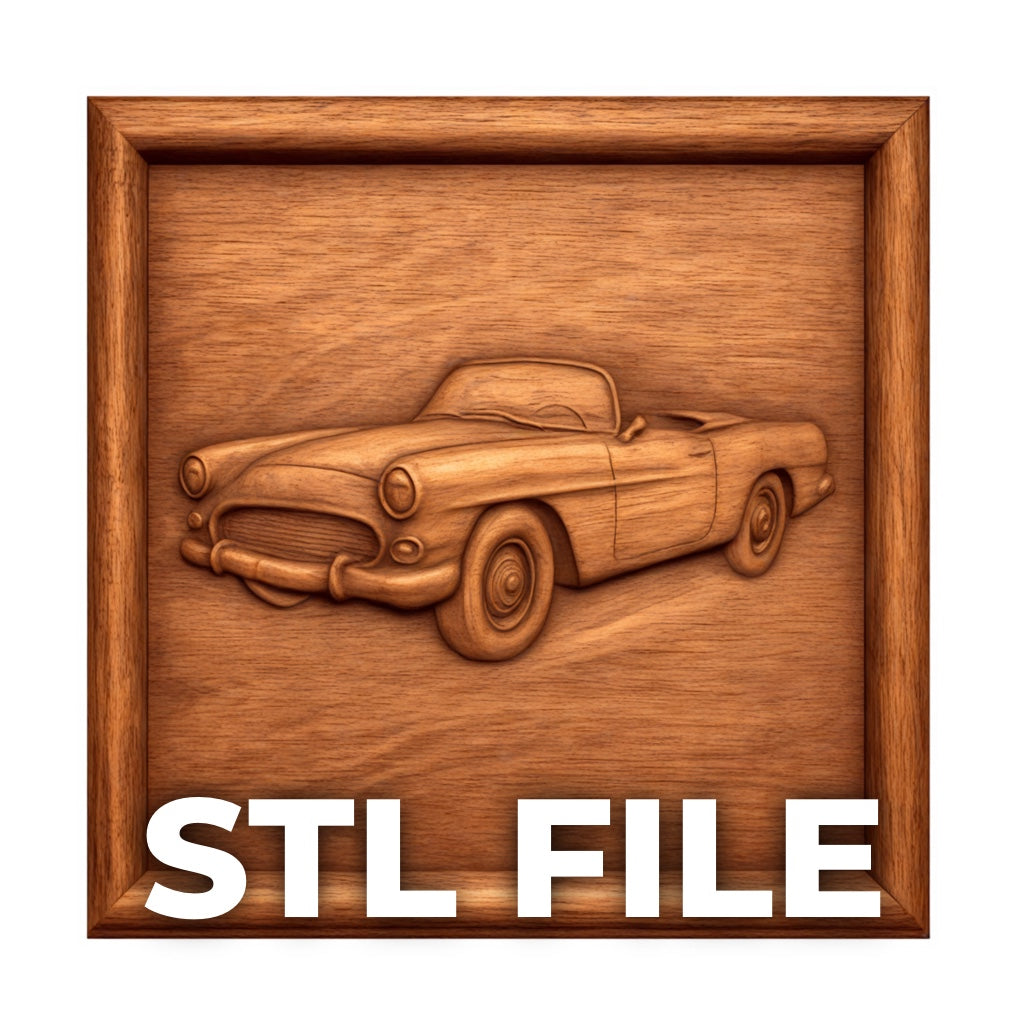The Vintage Convertible Car Relief STL File by Form Arcade is a detailed wooden wall art design, perfect for CNC relief carving and digital download.