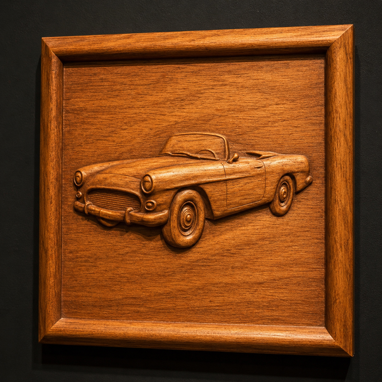 Form Arcade’s Vintage Convertible Car Relief STL File lets you create a detailed CNC wall art piece featuring a classic convertible car in profile, perfect for display against a dark background.
