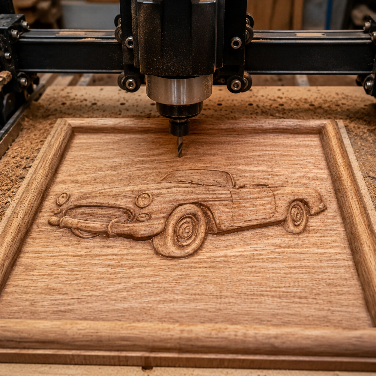 The Vintage Convertible Car Relief STL File by Form Arcade features a bas relief of a classic convertible on a rectangular panel, ideal for CNC wall art projects.