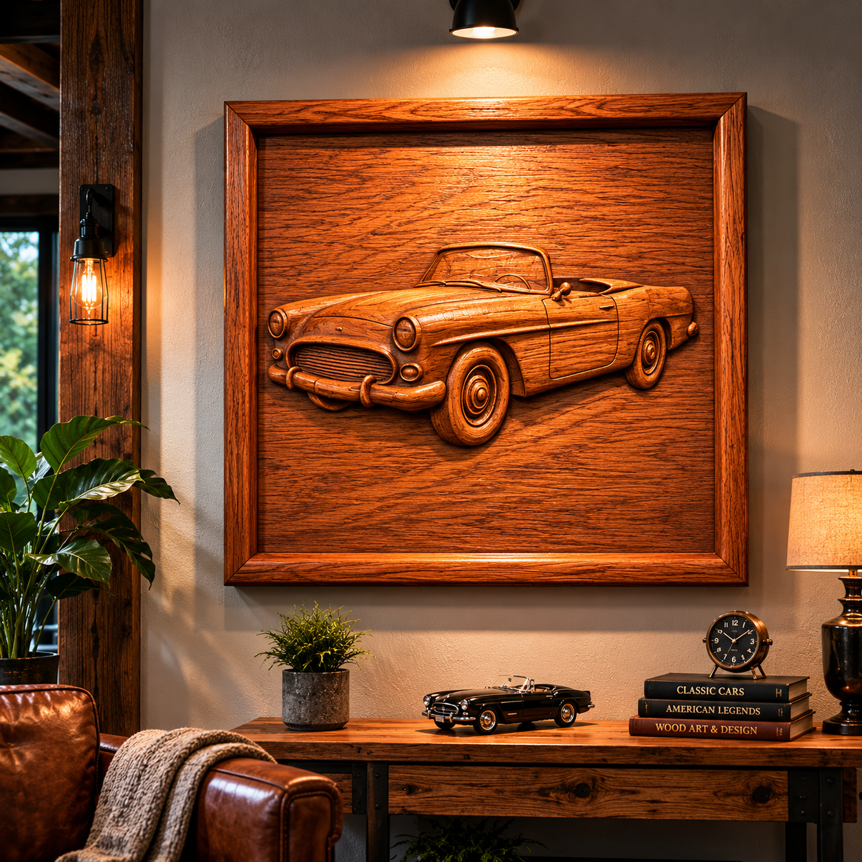The "Vintage Convertible Car Relief STL File" by Form Arcade brings cozy charm to your vintage-themed room as CNC wall art, perfect above a rustic desk with plants, a lamp, and a model car.