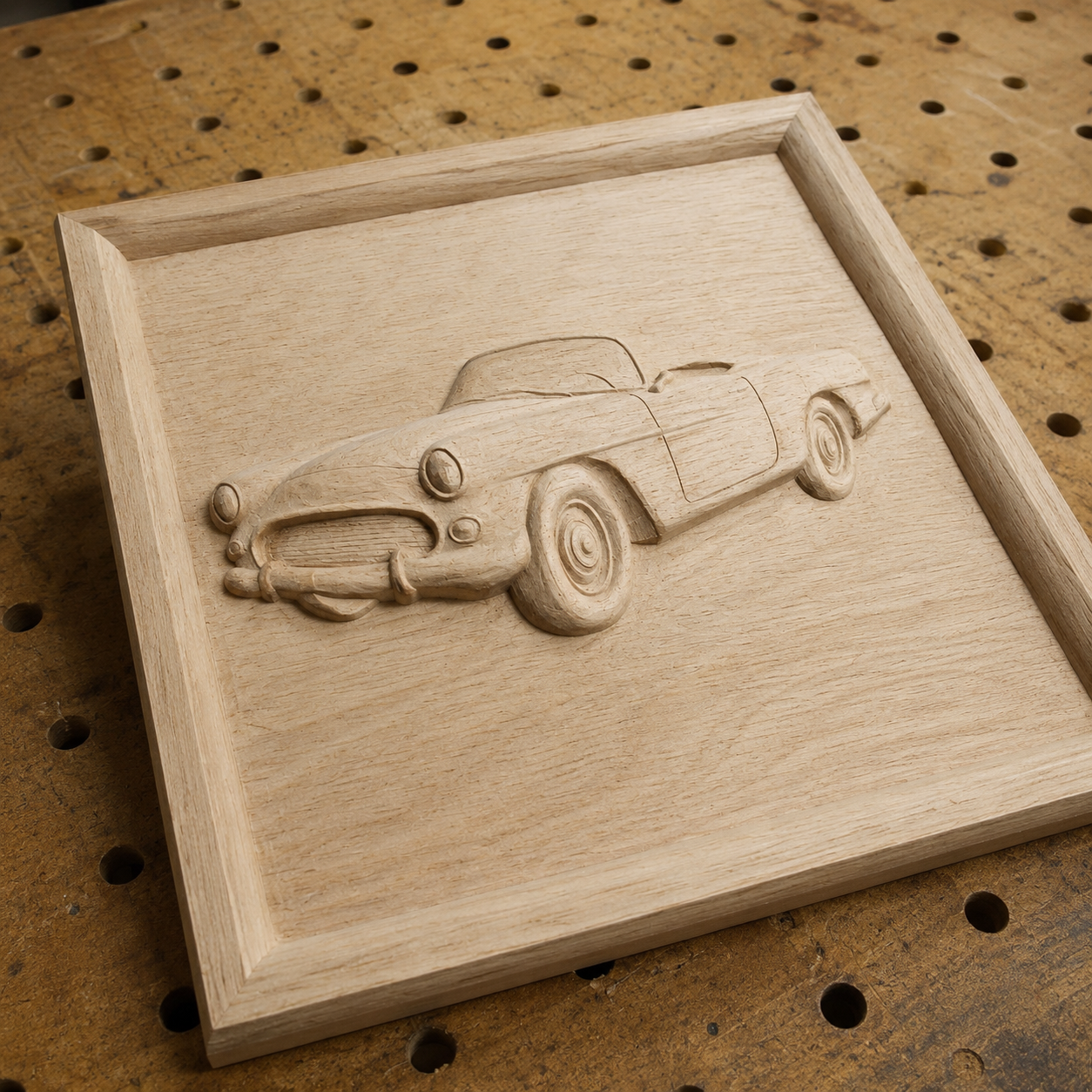 The Vintage Convertible Car Relief STL File by Form Arcade is CNC wall art, shown here as a wooden plaque with a carved car design on a workbench with evenly spaced holes.