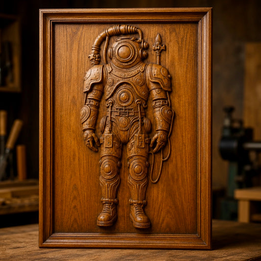 The Steampunk Deep Sea Diver Relief STL File by Form Arcade is showcased upright in a wood workshop setting as striking nautical CNC wall art, featuring a detailed carving of a diver in a spacesuit-like outfit.