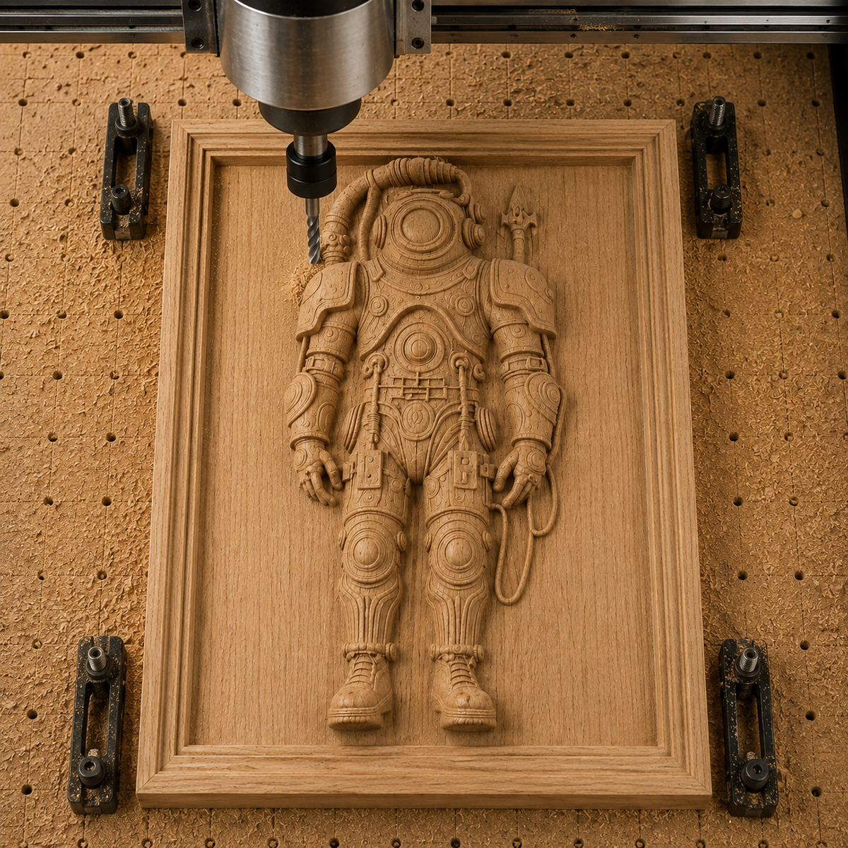 A CNC relief carving machine intricately engraves the Steampunk Deep Sea Diver, designed by Form Arcade, into a wooden board using the Nautical CNC Wall Art STL file, with the carving tool positioned near the shoulder.