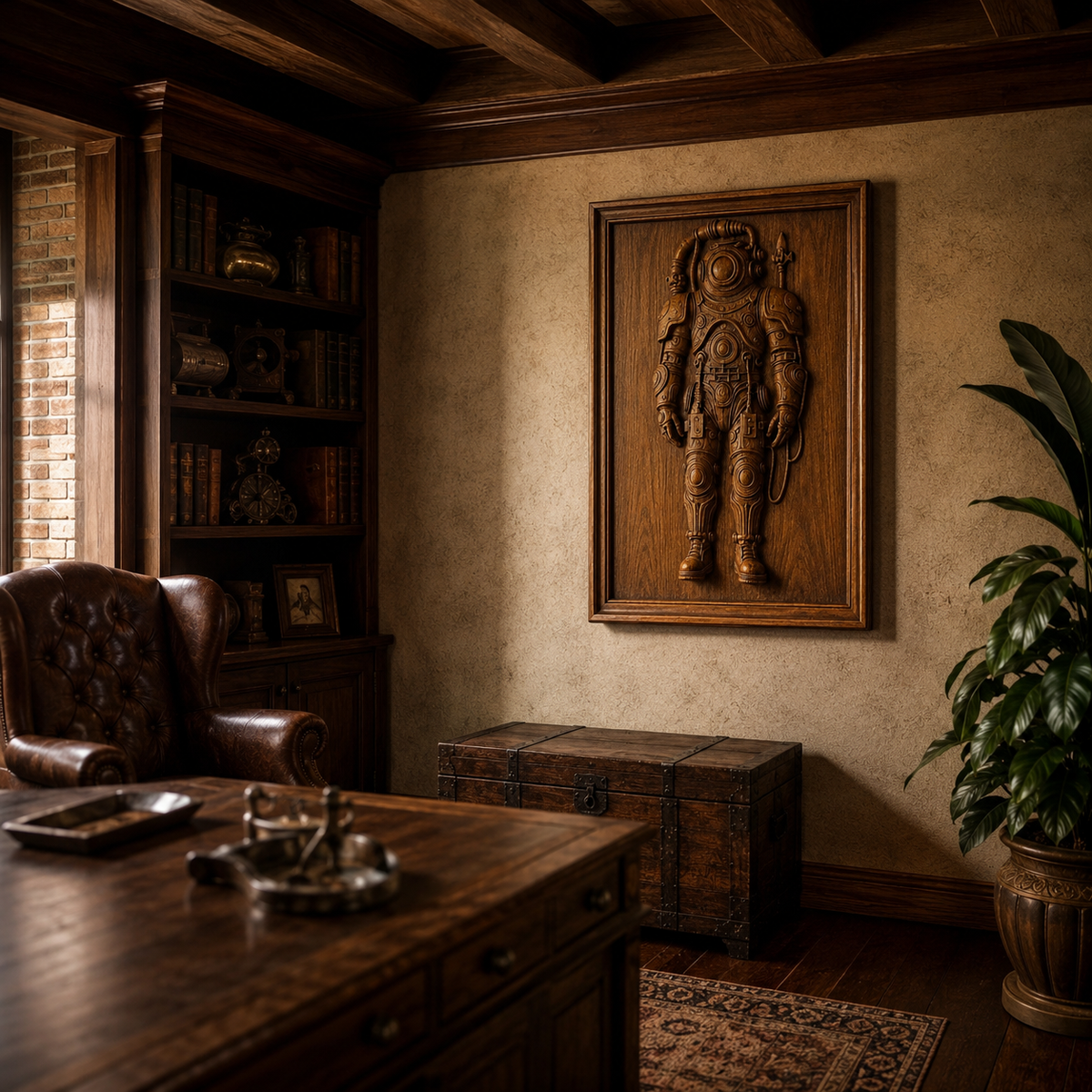 A cozy study featuring a leather chair, wooden desk, bookshelf, large plant, and the Steampunk Deep Sea Diver Relief CNC wall art by Form Arcade mounted above a vintage chest. Warm lighting enhances the inviting nautical atmosphere.