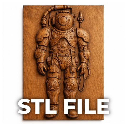 Form Arcade’s Steampunk Deep Sea Diver Relief STL File features a vintage diver in suit and helmet, perfect for CNC or 3D printing wall art, with "STL FILE" in bold at the bottom. Ideal for unique décor projects.