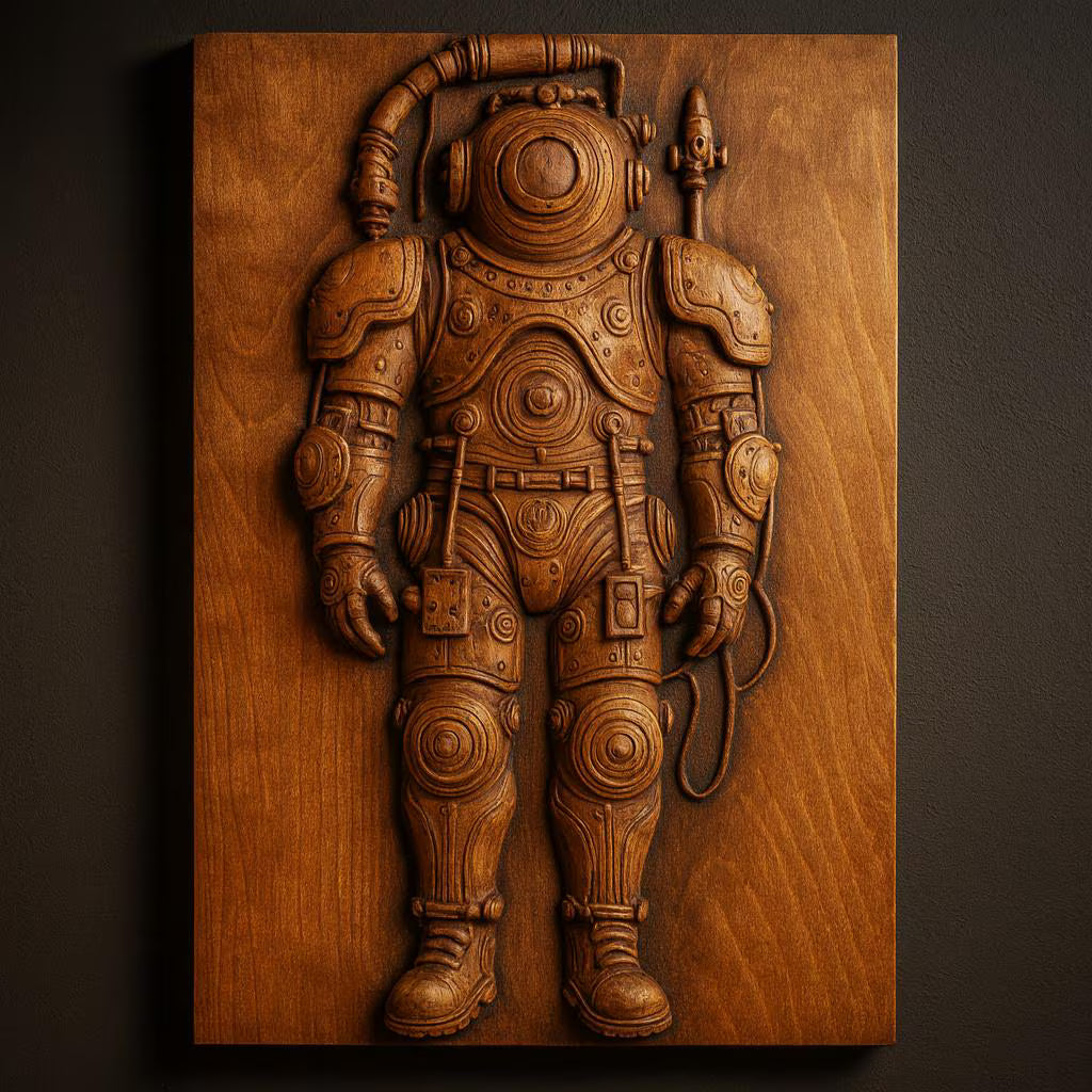 The Steampunk Deep Sea Diver Relief STL File by Form Arcade features a nautical deep sea diver in full gear, designed for CNC wall art. Displayed on a rectangular wooden panel, it's perfect for unique steampunk decor.