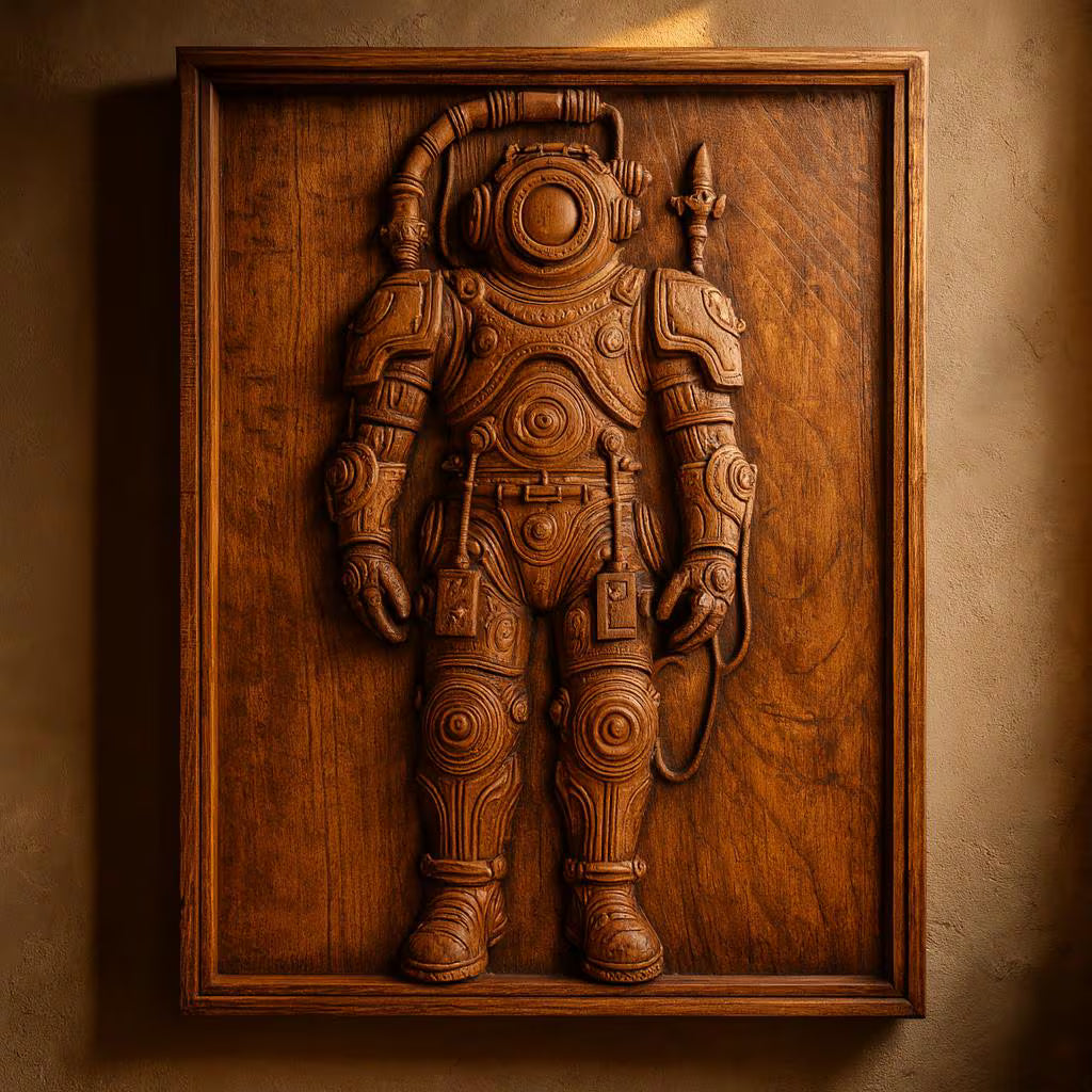 The "Steampunk Deep Sea Diver Relief STL File" by Form Arcade is a nautical CNC wall art design featuring a vintage diver in a rectangular frame, perfect for adding steampunk style to your décor.