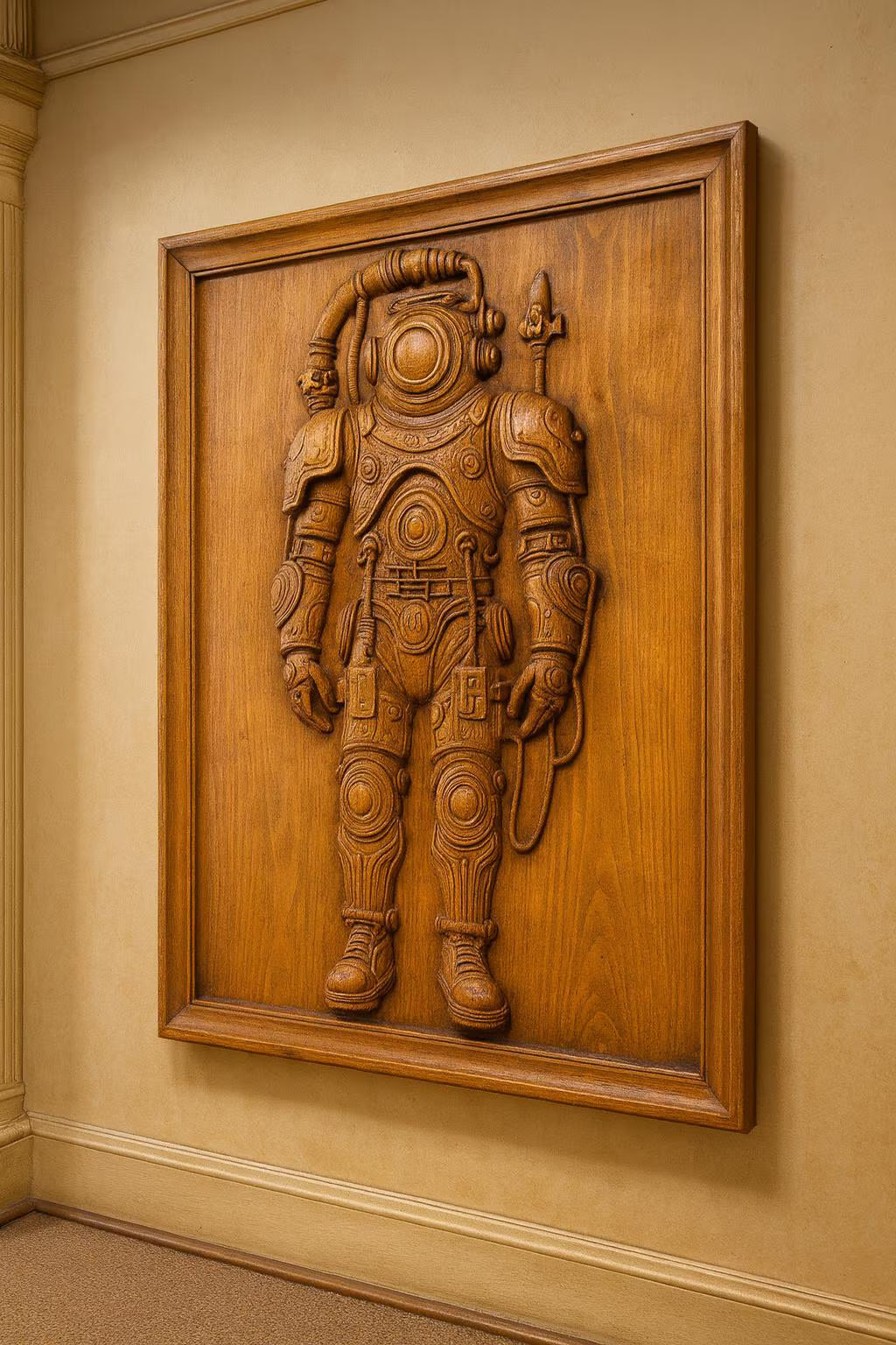 The Steampunk Deep Sea Diver Relief STL File by Form Arcade is a nautical CNC wall art design, featuring a diver in suit with helmet and hoses, perfect for displaying in a wooden frame on your wall.