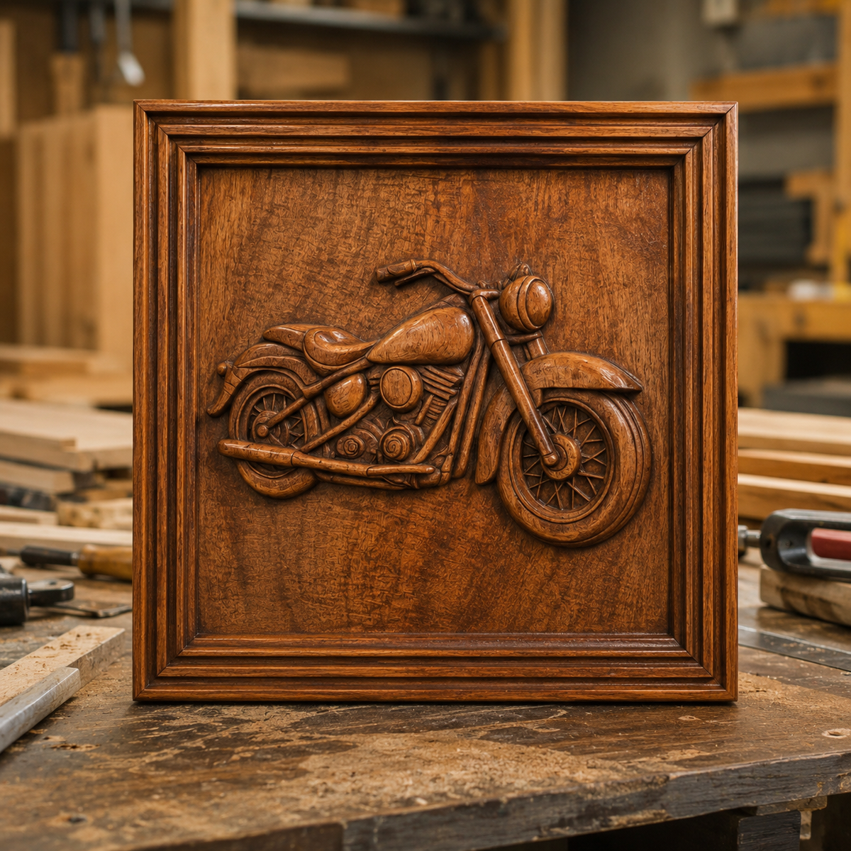 A Vintage Motorcycle CNC Relief STL File by Form Arcade is showcased upright as a striking wall art piece in a woodworking shop, surrounded by tools and wooden boards—an ideal digital design for adding unique motorcycle flair to your next woodworking project.