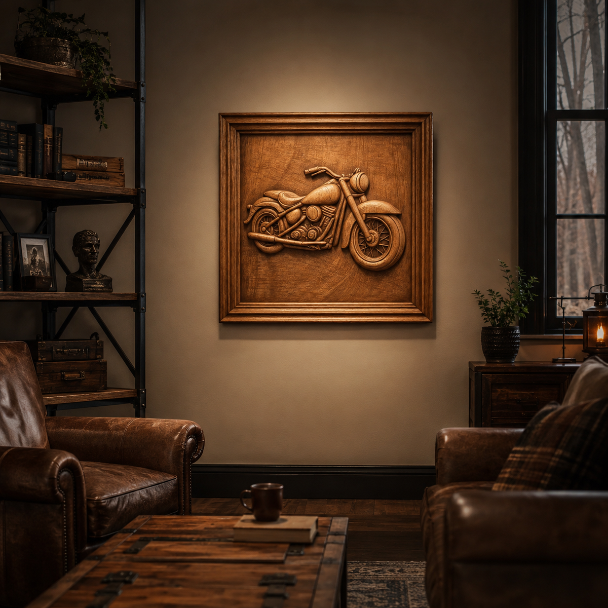 Cozy living room with leather chairs, wooden table, and shelves. A large wooden wall art piece—crafted from the "Vintage Motorcycle CNC Relief STL File | Motorcycle CNC Wall Art" by Form Arcade—featuring a detailed CNC relief carving of a vintage motorcycle hangs on a warmly lit wall.
