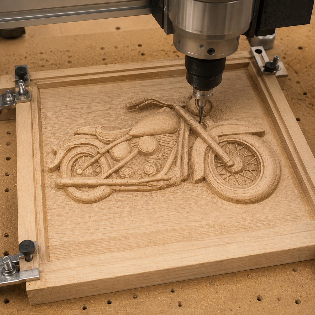 A CNC machine carves the detailed "Vintage Motorcycle CNC Relief" design by Form Arcade into a square wooden panel, showcasing the art of precision woodworking and relief carving with this Motorcycle CNC Wall Art STL file on a workshop table.