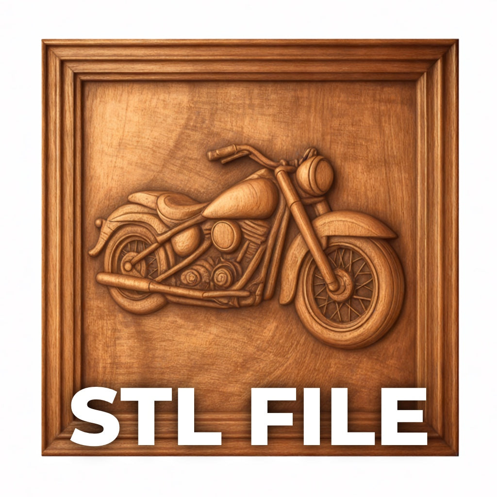 The "Vintage Motorcycle CNC Relief STL File | Motorcycle CNC Wall Art" by Form Arcade features a 3D relief of a vintage motorcycle in a wood frame, labeled “STL FILE,” ideal for digital CNC or 3D printing projects.
