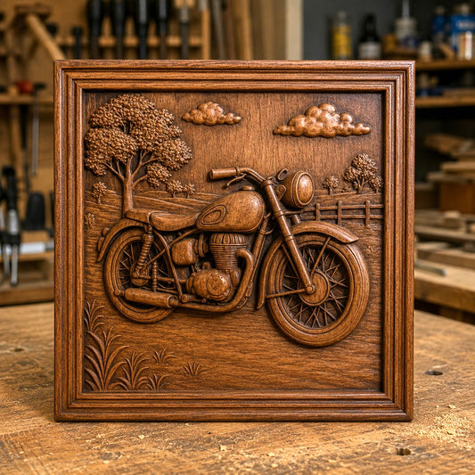 The “Vintage Motorcycle Countryside Relief STL File | CNC Wall Art” by Form Arcade showcases a finely detailed CNC carving of a classic motorcycle set against a charming countryside backdrop with trees, a fence, and clouds. Displayed on a workbench with woodworking tools in the softly blurred background, this piece inspires creativity for woodworkers and makers alike.
