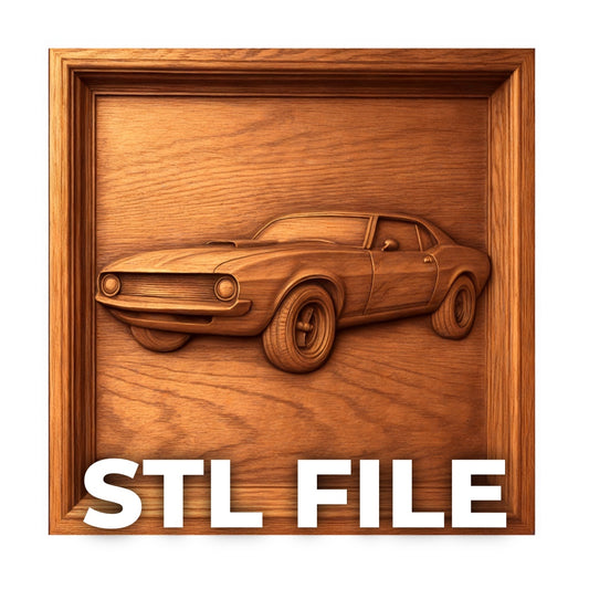 Form Arcade’s Vintage Muscle Car Relief STL File features a detailed 3D carving of a classic car in a square frame, ideal for CNC wall art. “STL FILE” appears boldly at the bottom, showcasing its digital format.