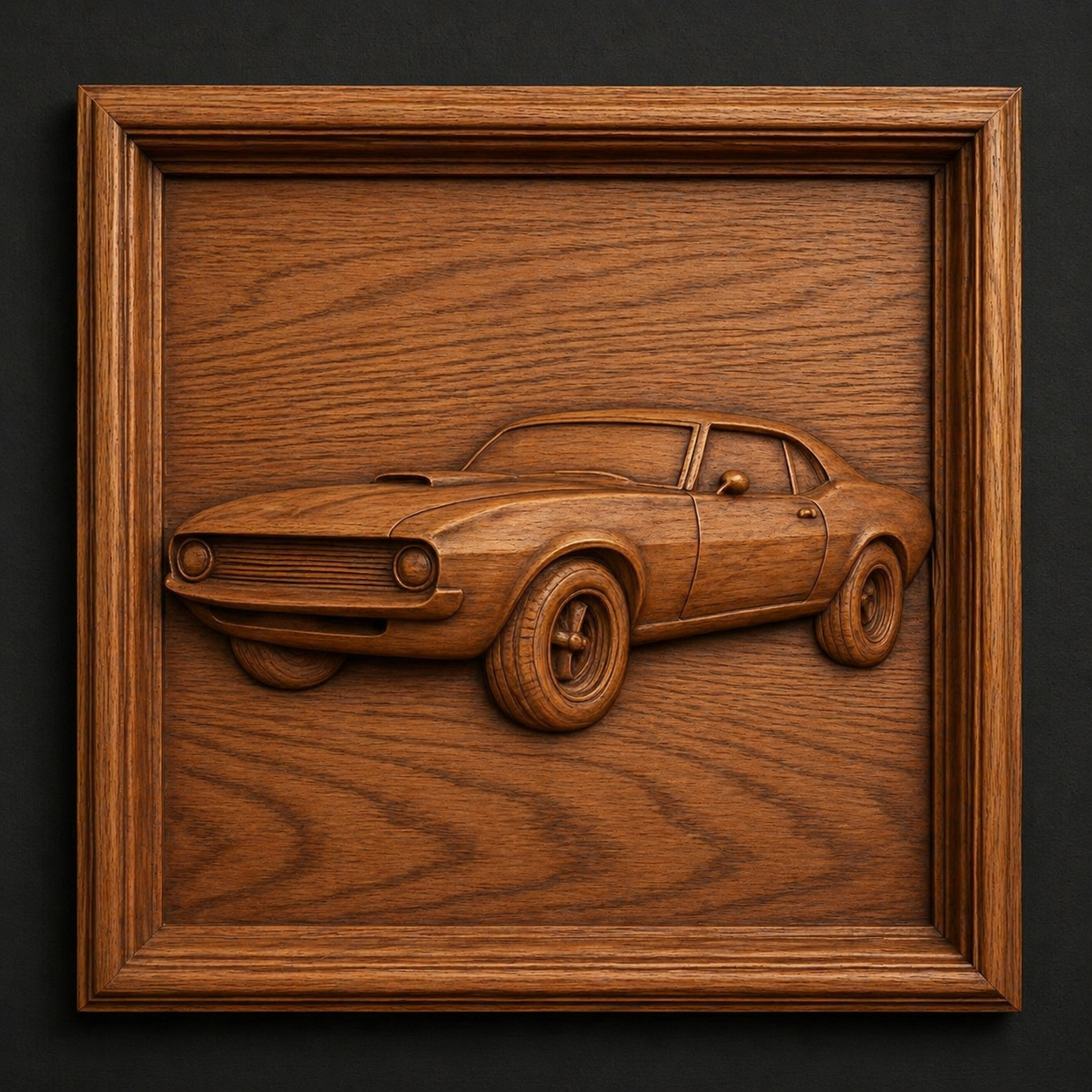 The Vintage Muscle Car Relief STL File by Form Arcade is a detailed CNC wall art design, showcasing a classic muscle car with intricate wheels and body, framed against a dark background—perfect for woodworking projects.