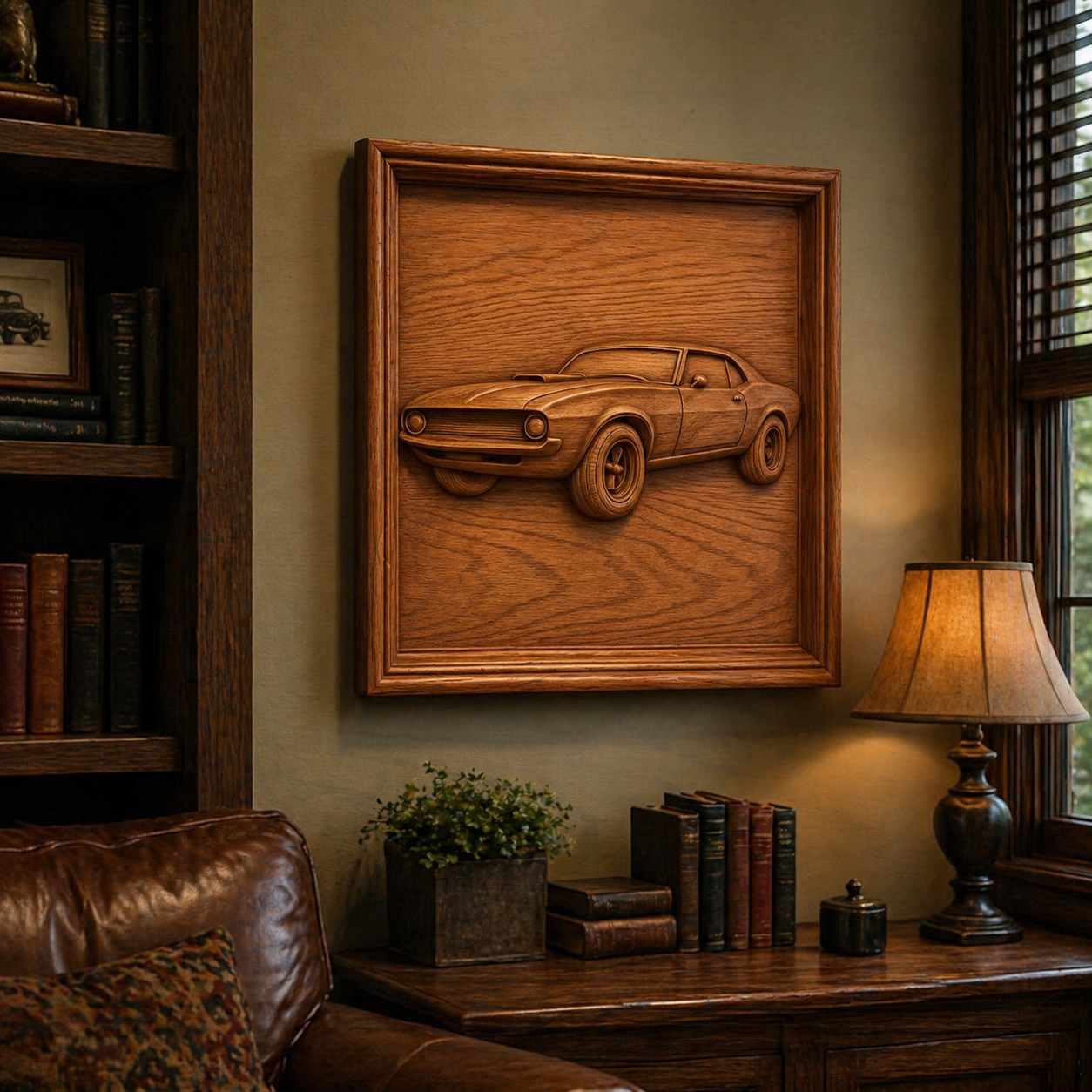 The Vintage Muscle Car Relief STL File by Form Arcade is showcased as CNC wall art above a side table with a lamp, plant, and books in a warmly lit living room featuring a leather sofa and bookshelves.