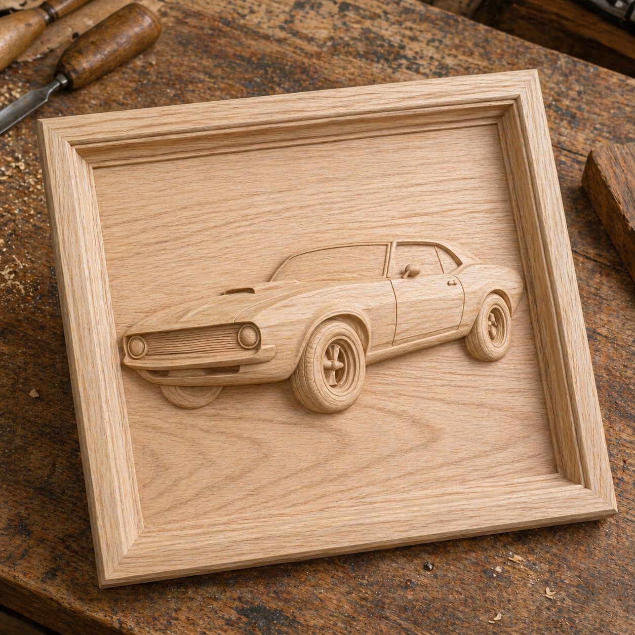 The Vintage Muscle Car Relief STL File by Form Arcade is ideal CNC wall art—depicted as a framed wooden carving on a rustic workbench with tools, crafted with precision for woodworking enthusiasts.