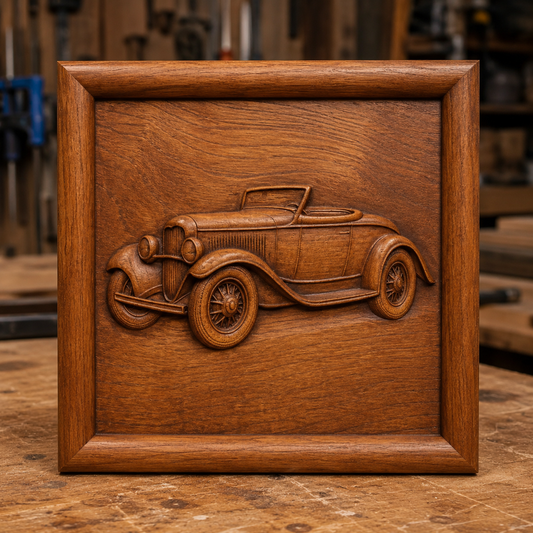 Form Arcade’s Vintage Roadster Car Relief STL File is shown as a wooden frame featuring an intricately carved classic car, perfect for CNC wall art, displayed in a workshop setting with tools and wooden surfaces in the background.