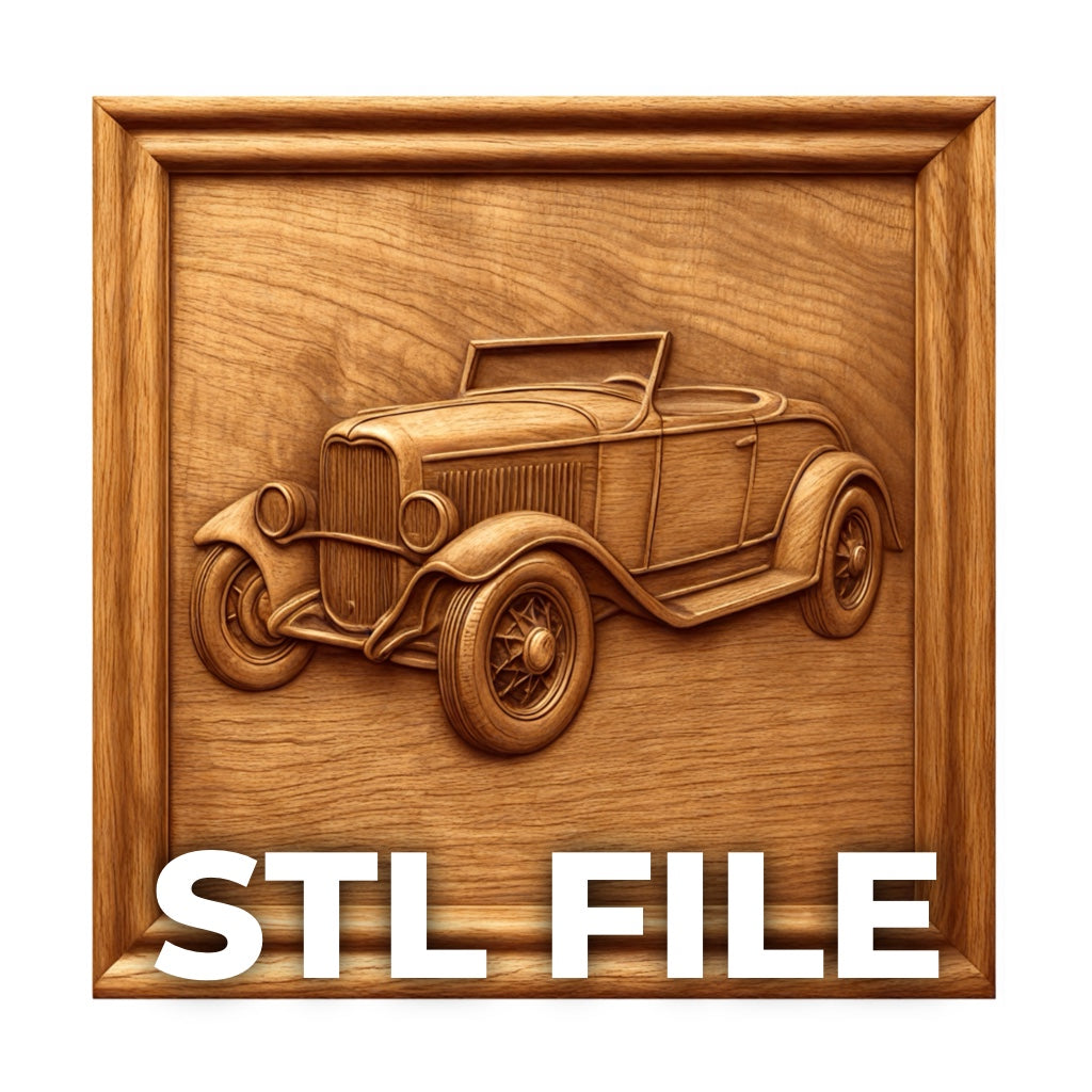 Form Arcade’s Vintage Roadster Car Relief STL File is a beautifully framed CNC wall art design, ideal for woodworking and CNC carving enthusiasts. Features bold “STL FILE” text at the bottom.