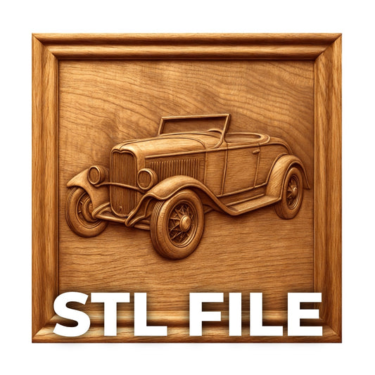 Form Arcade’s Vintage Roadster Car Relief STL File is a beautifully framed CNC wall art design, ideal for woodworking and CNC carving enthusiasts. Features bold “STL FILE” text at the bottom.